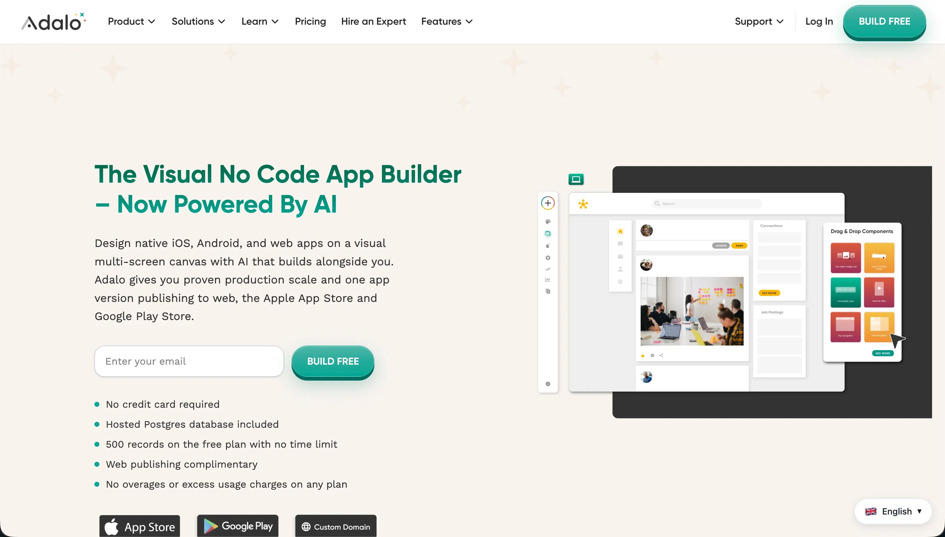 Adalo homepage — no-code mobile and web app builder