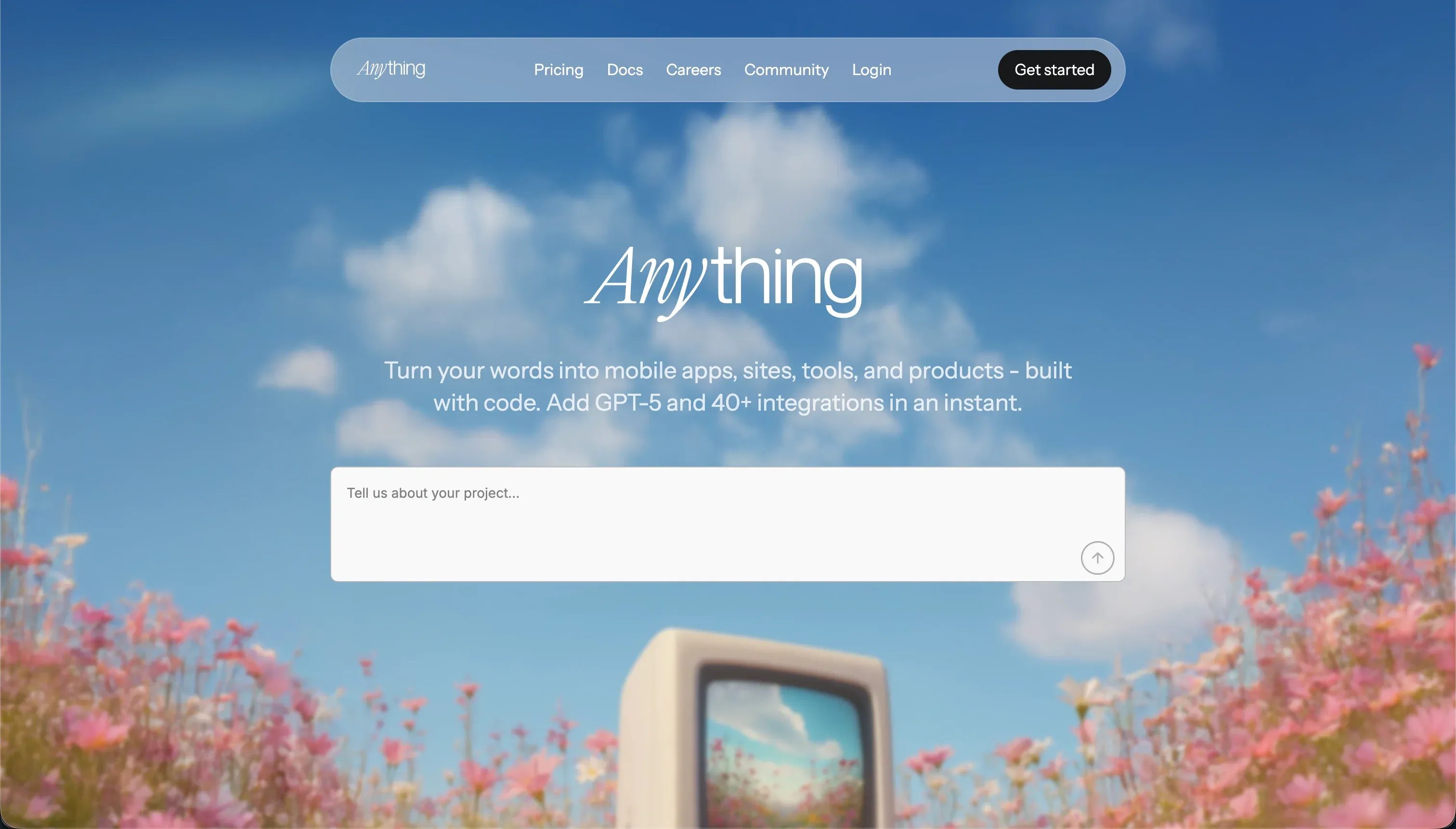 Anything (formerly Create.xyz) AI builder homepage - visual canvas for AI-powered web apps