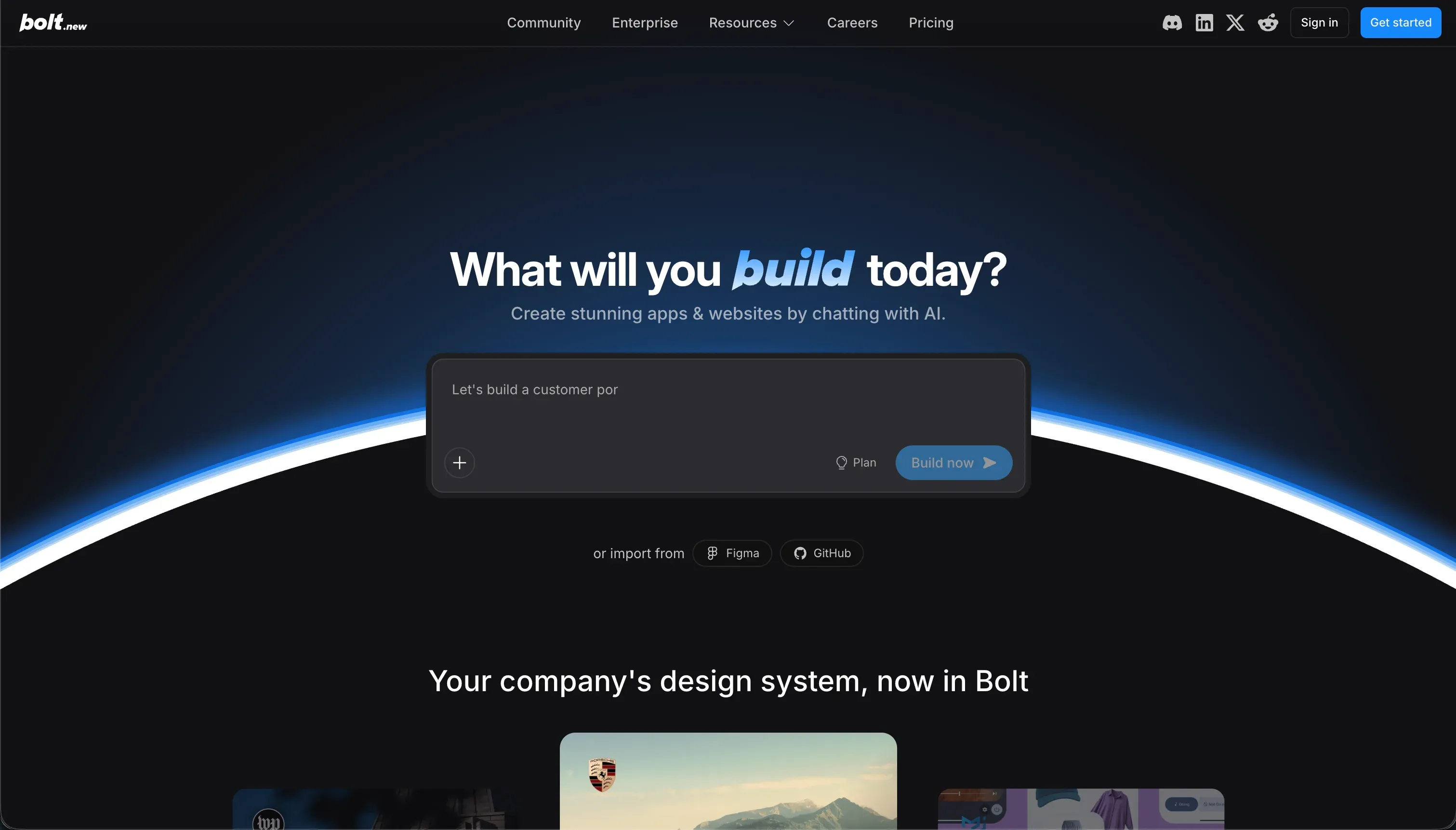 Bolt AI builder homepage - AI scaffolding tool for developers who want code control