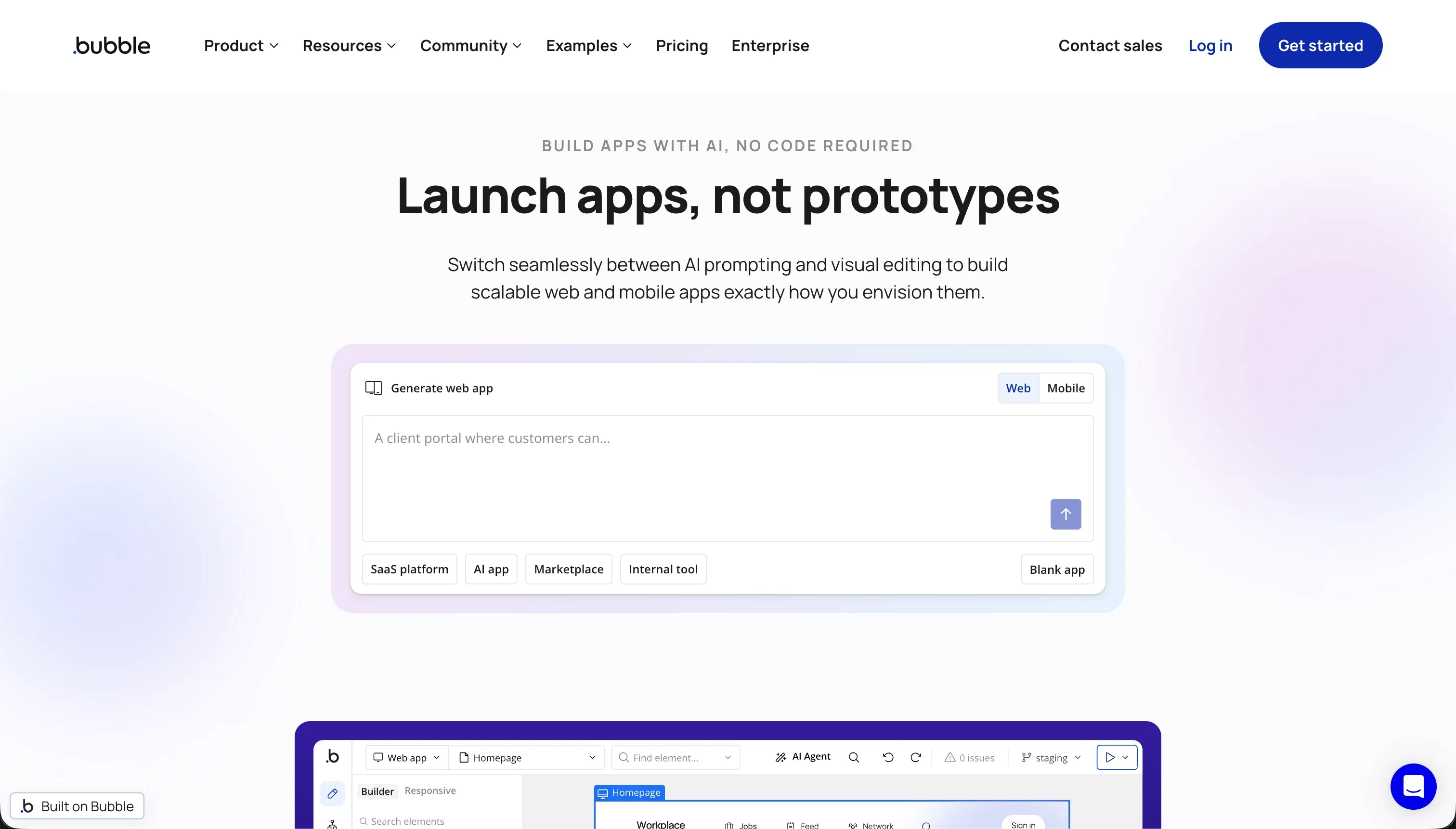 Bubble visual programming platform homepage - no-code builder for complex web applications