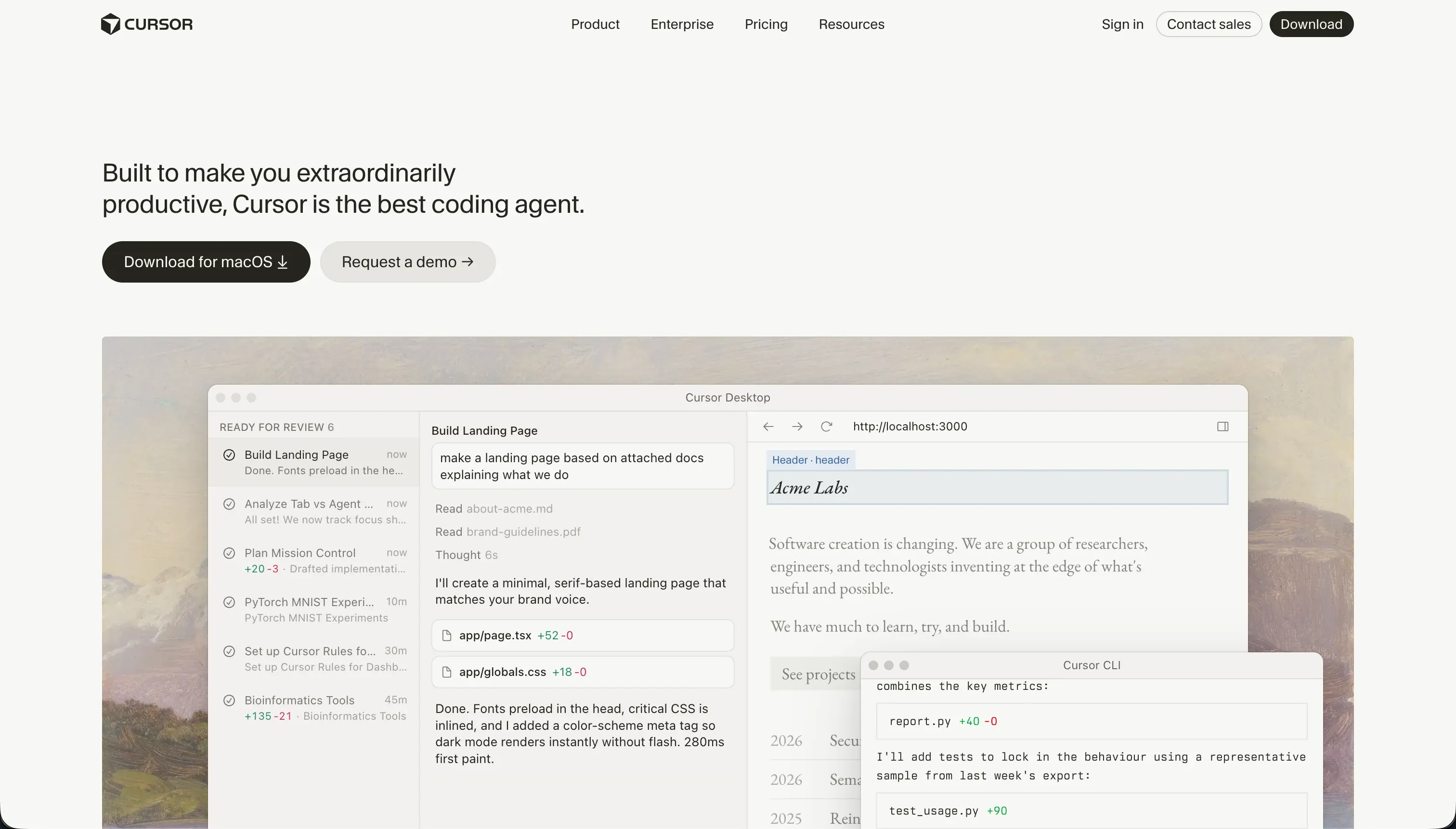 Cursor homepage - AI-first code editor fork of VS Code