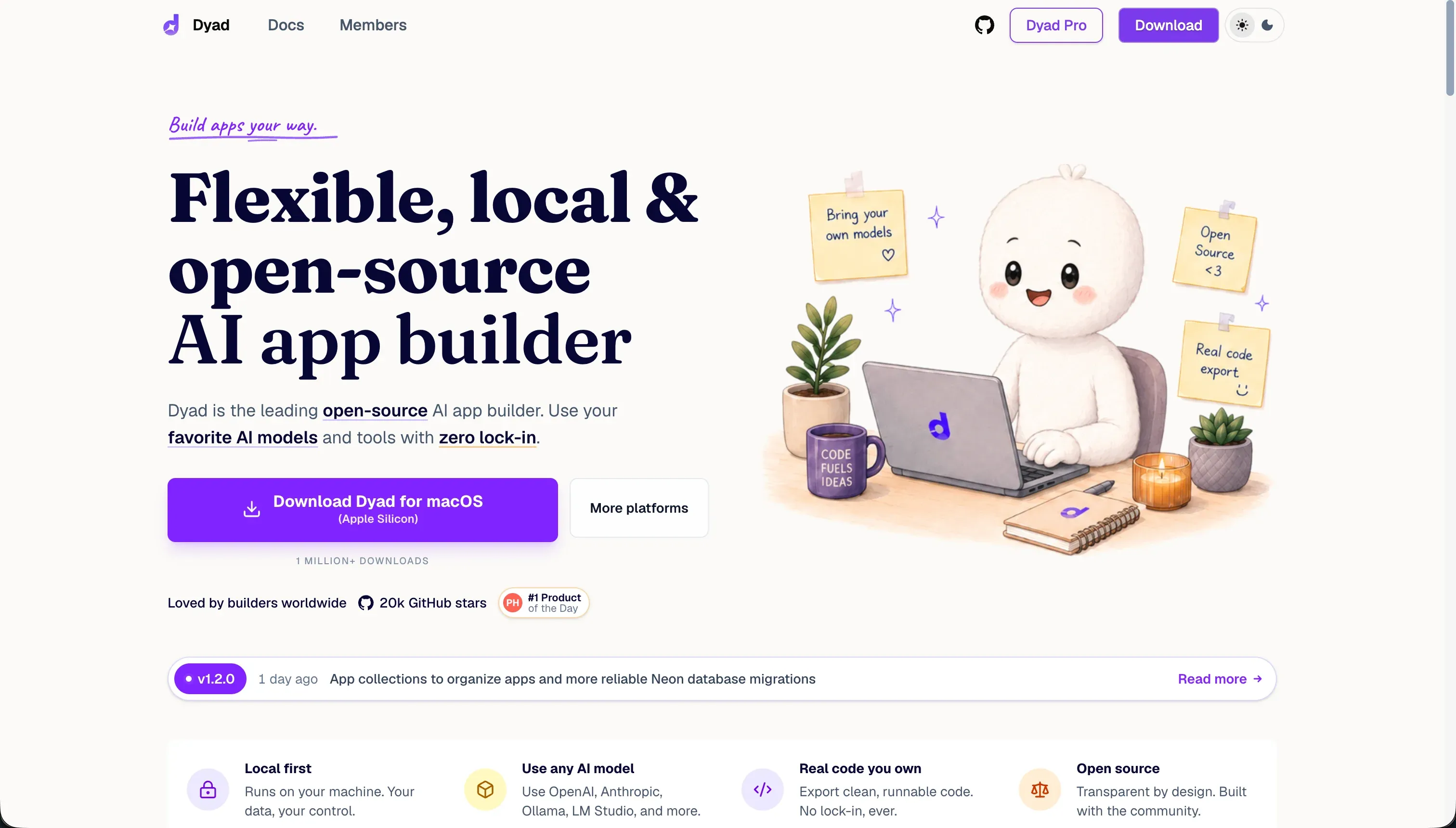 Dyad local-first AI app builder homepage - privacy-focused, runs models on your machine