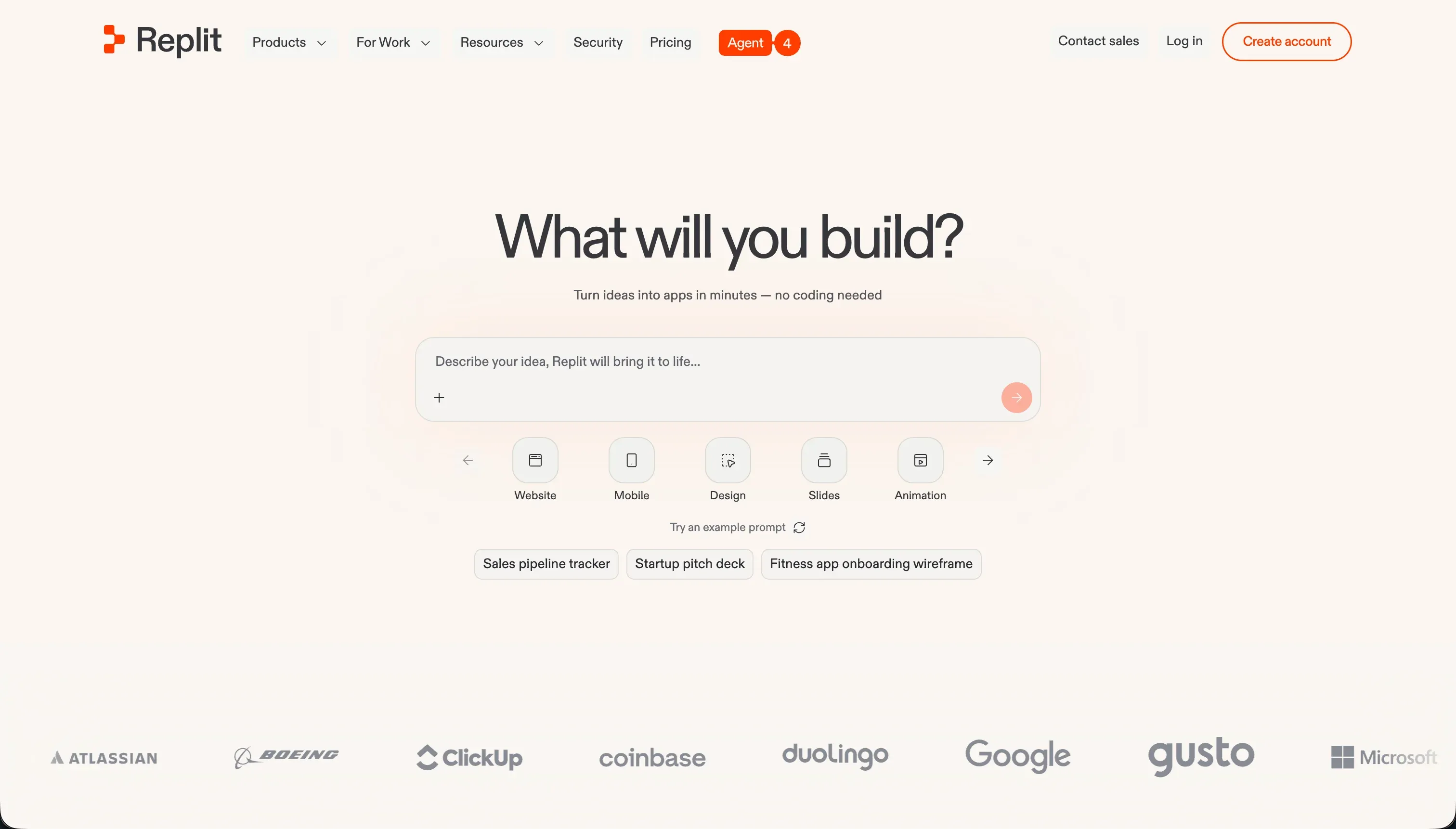 Replit cloud IDE and AI agent homepage - browser-based coding and autonomous app generation