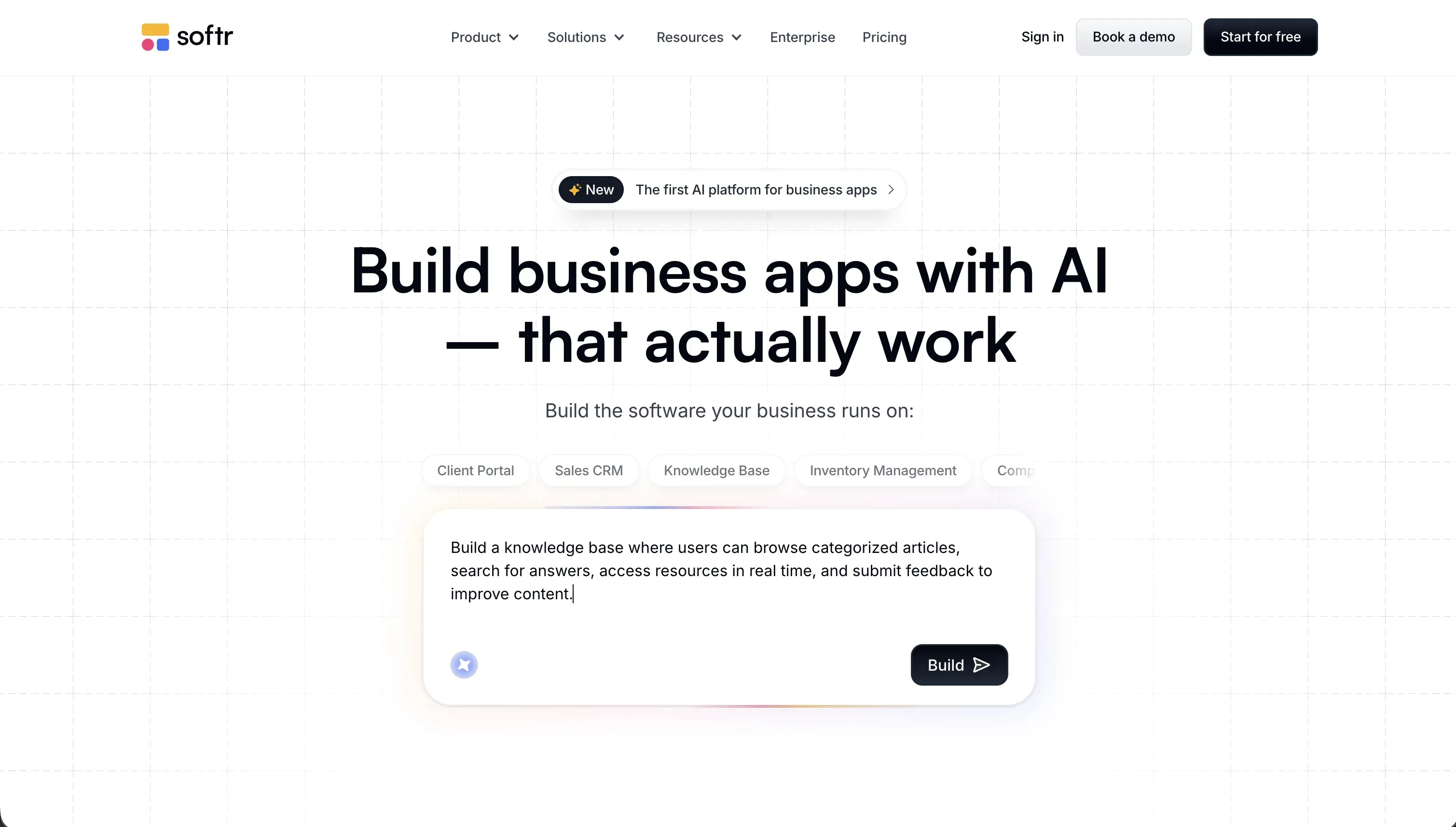 Softr homepage — AI-native platform for building business software without code
