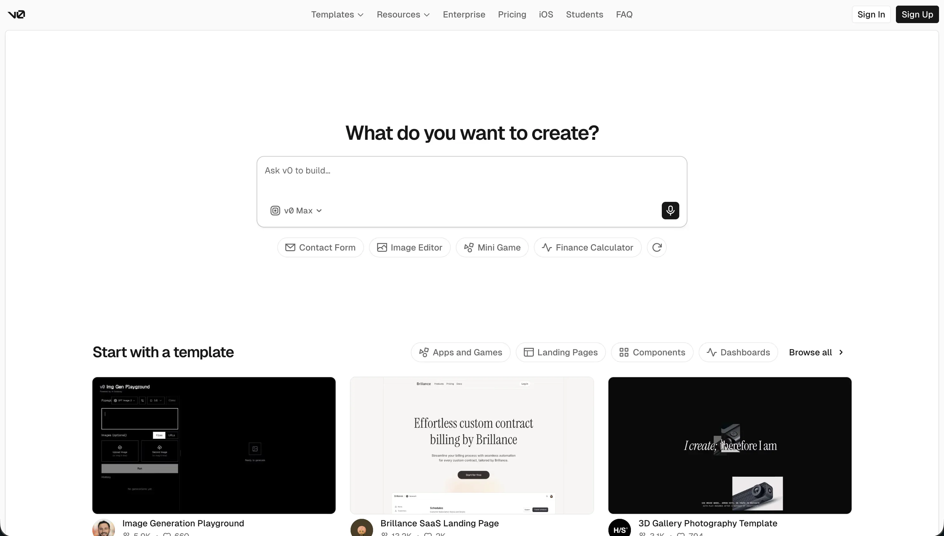 v0 by Vercel homepage - AI-powered React UI component generator from text prompts