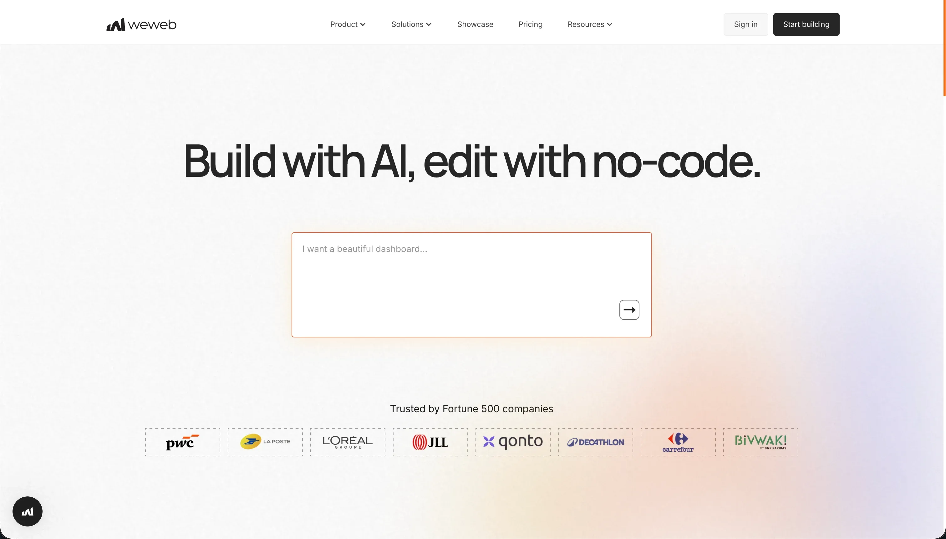 WeWeb homepage — no-code frontend builder connecting to custom backends