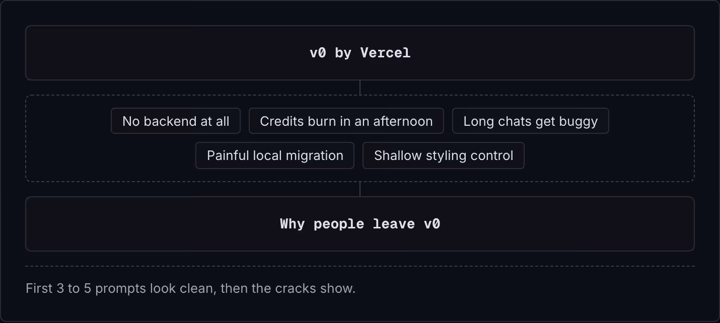 v0 by Vercel No backend at all Credits burn in an afternoon Long chats get buggy Painful local migration Shallow styling control Why people leave v0 First 3 to 5 prompts look clean, then the cracks show.