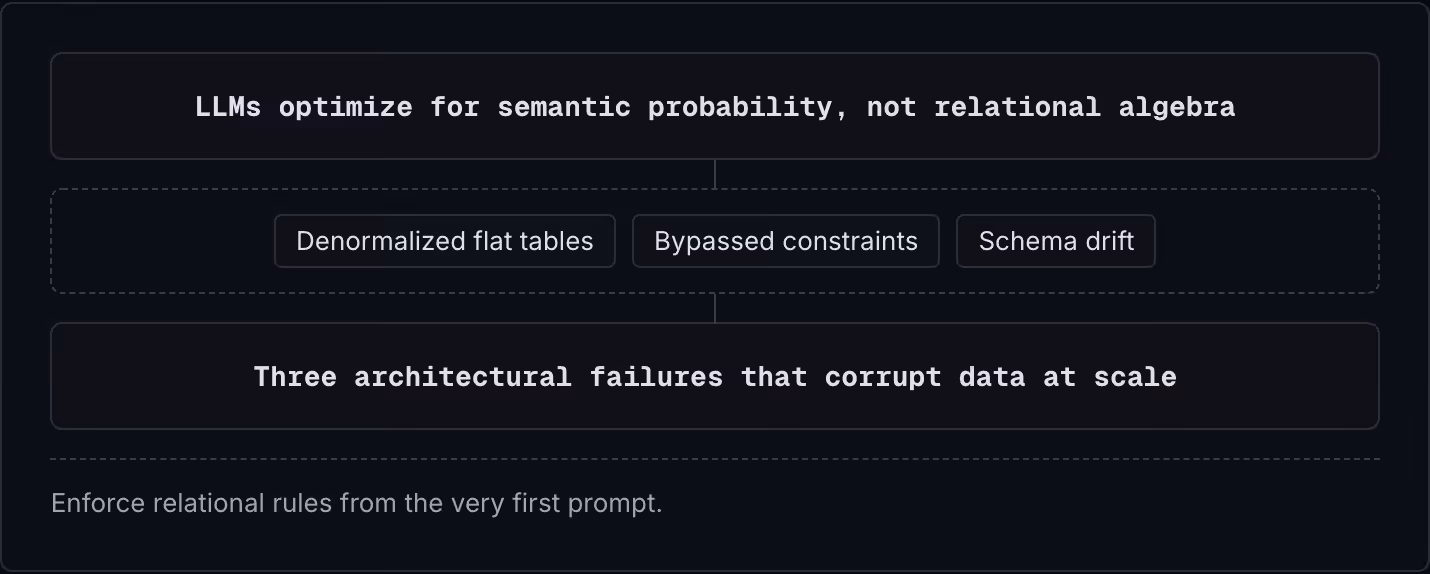 LLMs optimize for semantic probability, not relational algebra Denormalized flat tables Bypassed constraints Schema drift Three architectural failures that corrupt data at scale Enforce relational rules from the very first prompt.