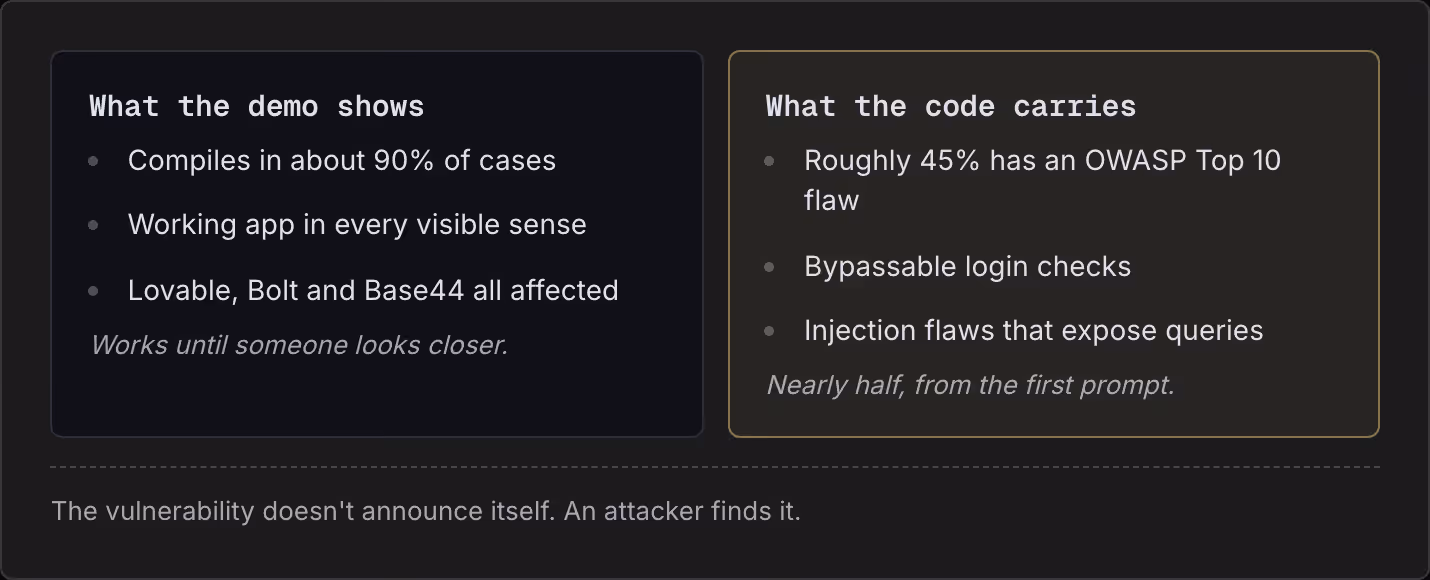 What the demo shows Compiles in about 90% of cases Working app in every visible sense Lovable, Bolt and Base44 all affected Works until someone looks closer. What the code carries Roughly 45% has an OWASP Top 10 flaw Bypassable login checks…