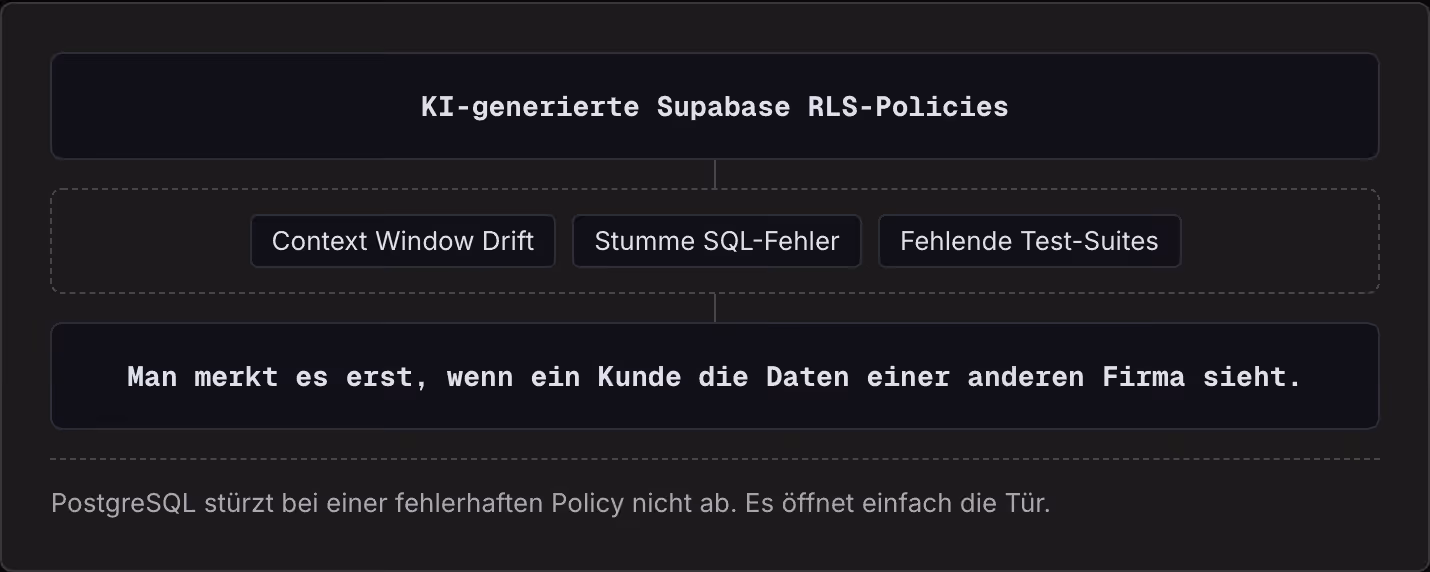 KI-generierte Supabase RLS-Policies Context Window Drift Stumme SQL-Fehler Fehlende Test-Suites Man merkt es erst, wenn ein Kunde die Daten einer anderen Firma sieht. PostgreSQL stürzt bei einer fehlerhaften Policy nicht ab. Es öffnet einfach die…