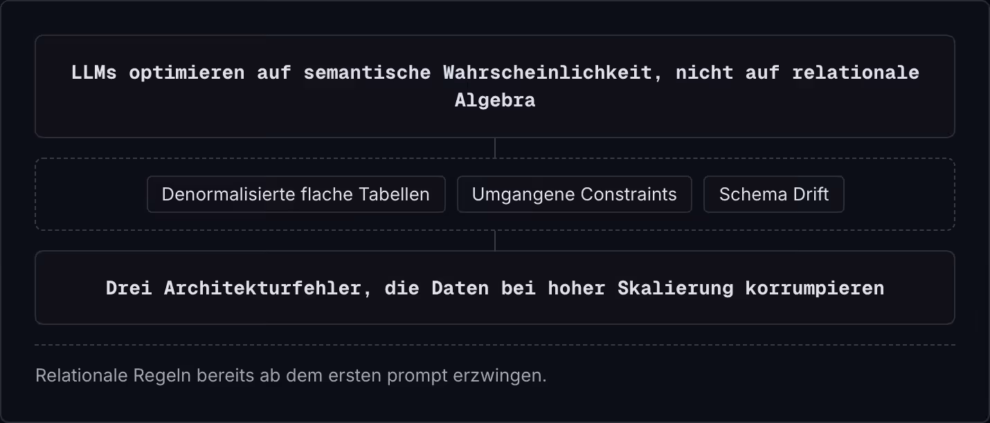 LLMs optimieren auf semantische Wahrscheinlichkeit, nicht auf relationale Algebra Denormalisierte flache Tabellen Umgangene Constraints Schema Drift Drei Architekturfehler, die Daten bei hoher Skalierung korrumpieren Relationale Regeln bereits ab…