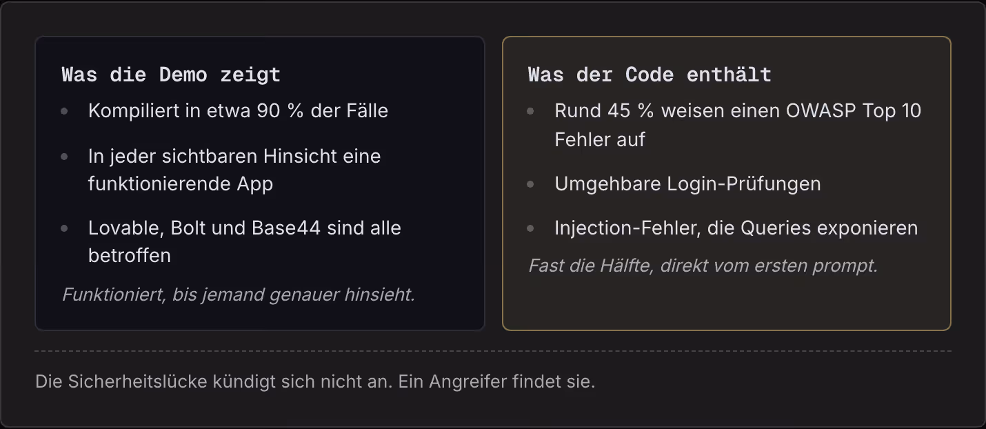 Was die Demo zeigt Kompiliert in etwa 90 % der Fälle In jeder sichtbaren Hinsicht eine funktionierende App Lovable, Bolt und Base44 sind alle betroffen Funktioniert, bis jemand genauer hinsieht. Was der Code enthält Rund 45 % weisen einen OWASP Top…