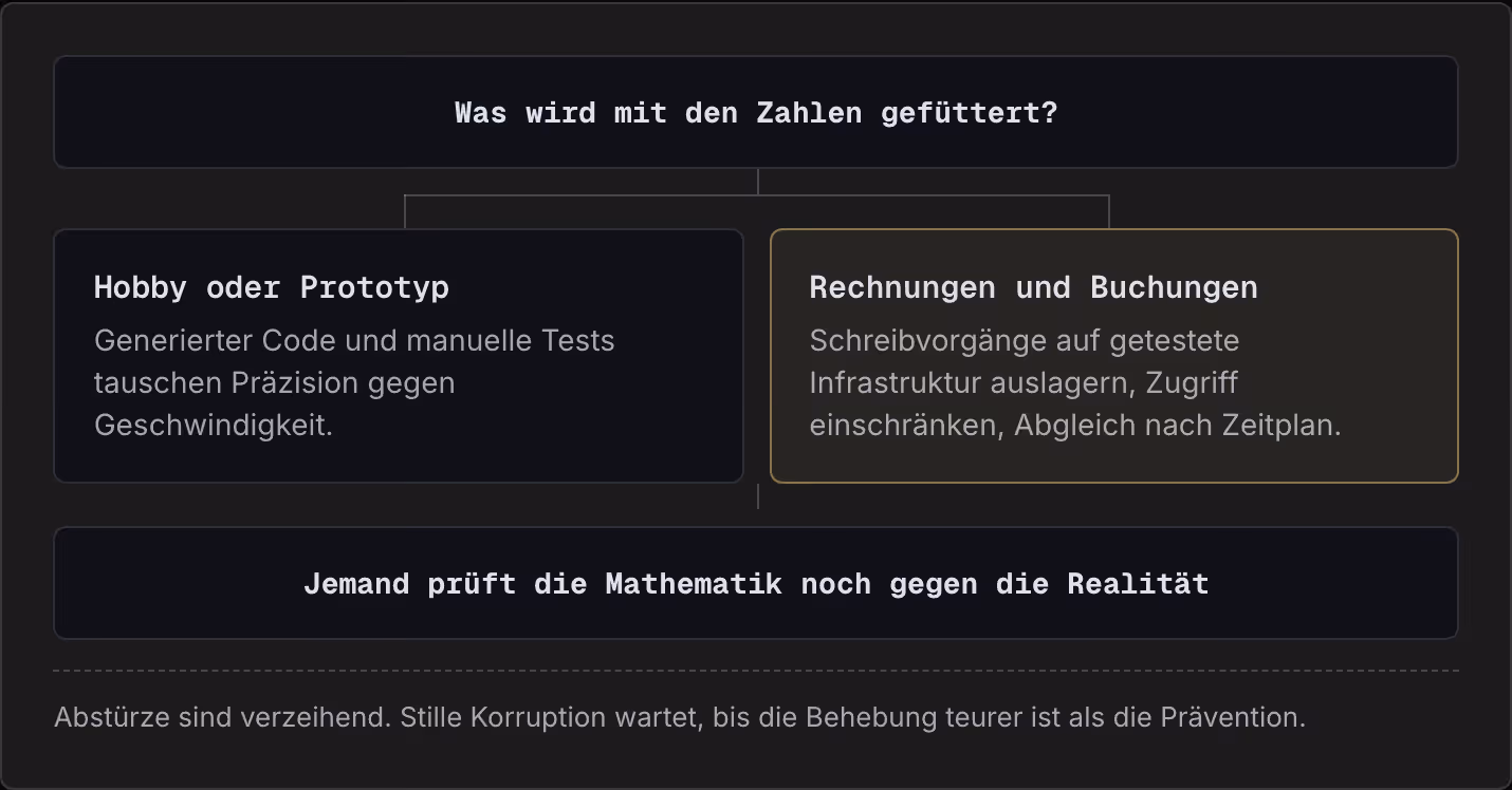 Was wird mit den Zahlen gefüttert? Hobby oder Prototyp Generierter Code und manuelle Tests tauschen Präzision gegen Geschwindigkeit. Rechnungen und Buchungen Schreibvorgänge auf getestete Infrastruktur auslagern, Zugriff einschränken, Abgleich nach…