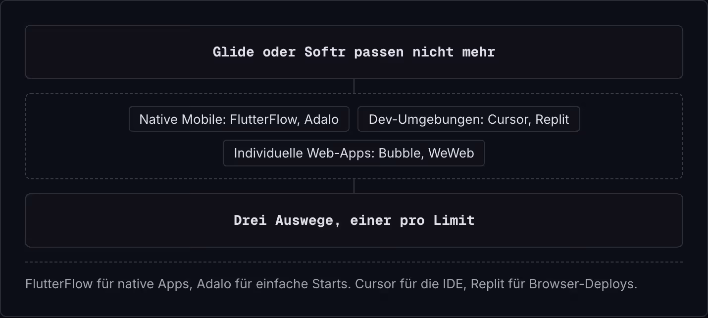 Glide oder Softr passen nicht mehr Native Mobile: FlutterFlow, Adalo Dev-Umgebungen: Cursor, Replit Individuelle Web-Apps: Bubble, WeWeb Drei Auswege, einer pro Limit FlutterFlow für native Apps, Adalo für einfache Starts. Cursor für die IDE, Replit…