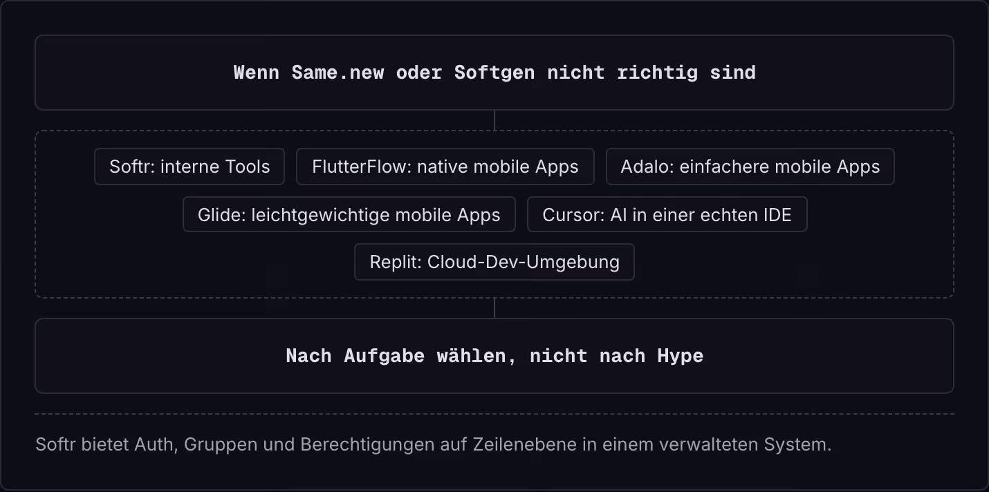 Wenn Same.new oder Softgen nicht richtig sind Softr: interne Tools FlutterFlow: native mobile Apps Adalo: einfachere mobile Apps Glide: leichtgewichtige mobile Apps Cursor: AI in einer echten IDE Replit: Cloud-Dev-Umgebung Nach Aufgabe wählen, nicht…