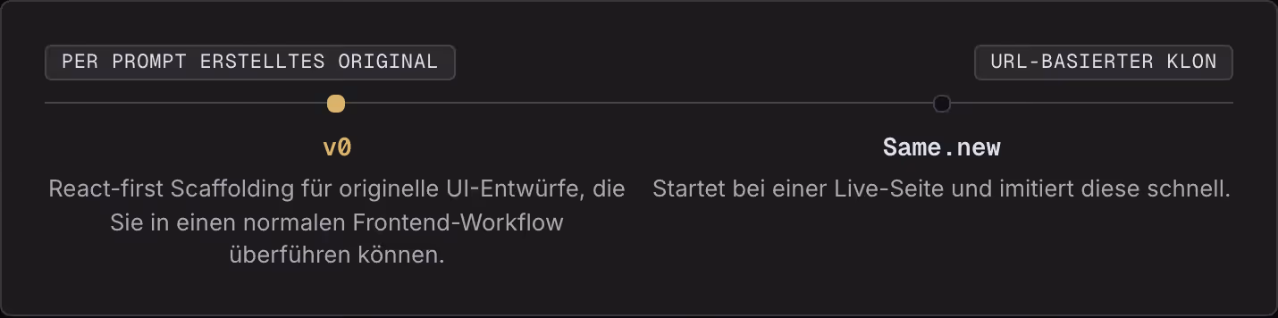 Per Prompt erstelltes Original URL-basierter Klon v0 React-first Scaffolding für originelle UI-Entwürfe, die Sie in einen normalen Frontend-Workflow überführen können. Same.new Startet bei einer Live-Seite und imitiert diese schnell.