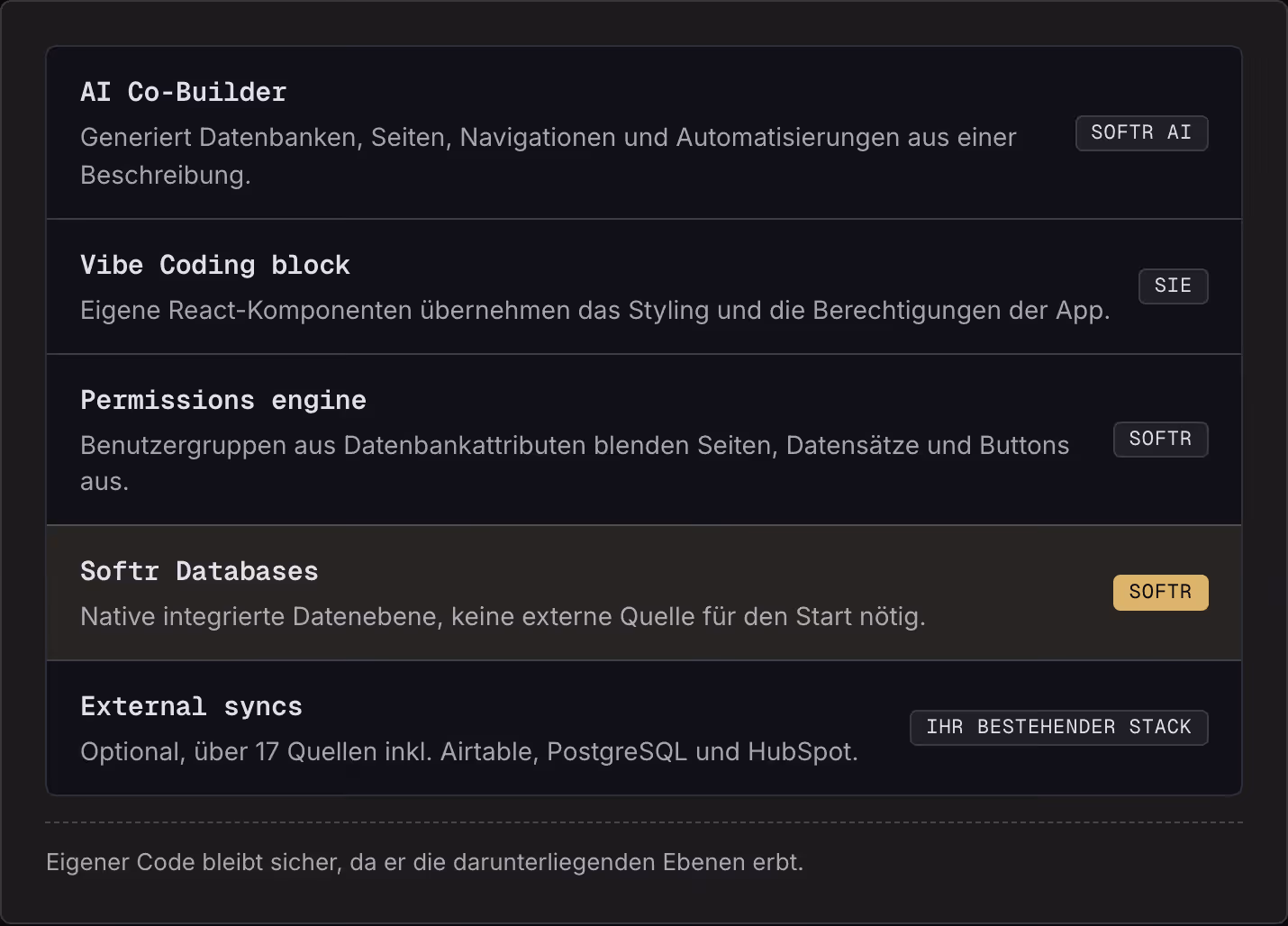 AI Co-Builder Generiert Datenbanken, Seiten, Navigationen und Automatisierungen aus einer Beschreibung. Softr AI Vibe Coding block Eigene React-Komponenten übernehmen das Styling und die Berechtigungen der App. Sie Permissions engine Benutzergruppen…