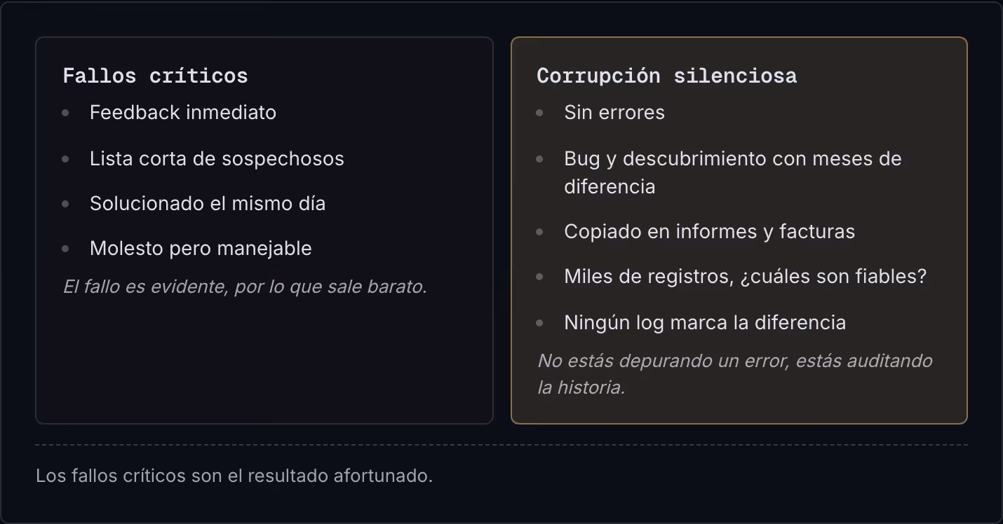 Fallos críticos Feedback inmediato Lista corta de sospechosos Solucionado el mismo día Molesto pero manejable El fallo es evidente, por lo que sale barato. Corrupción silenciosa Sin errores Bug y descubrimiento con meses de diferencia Copiado en…