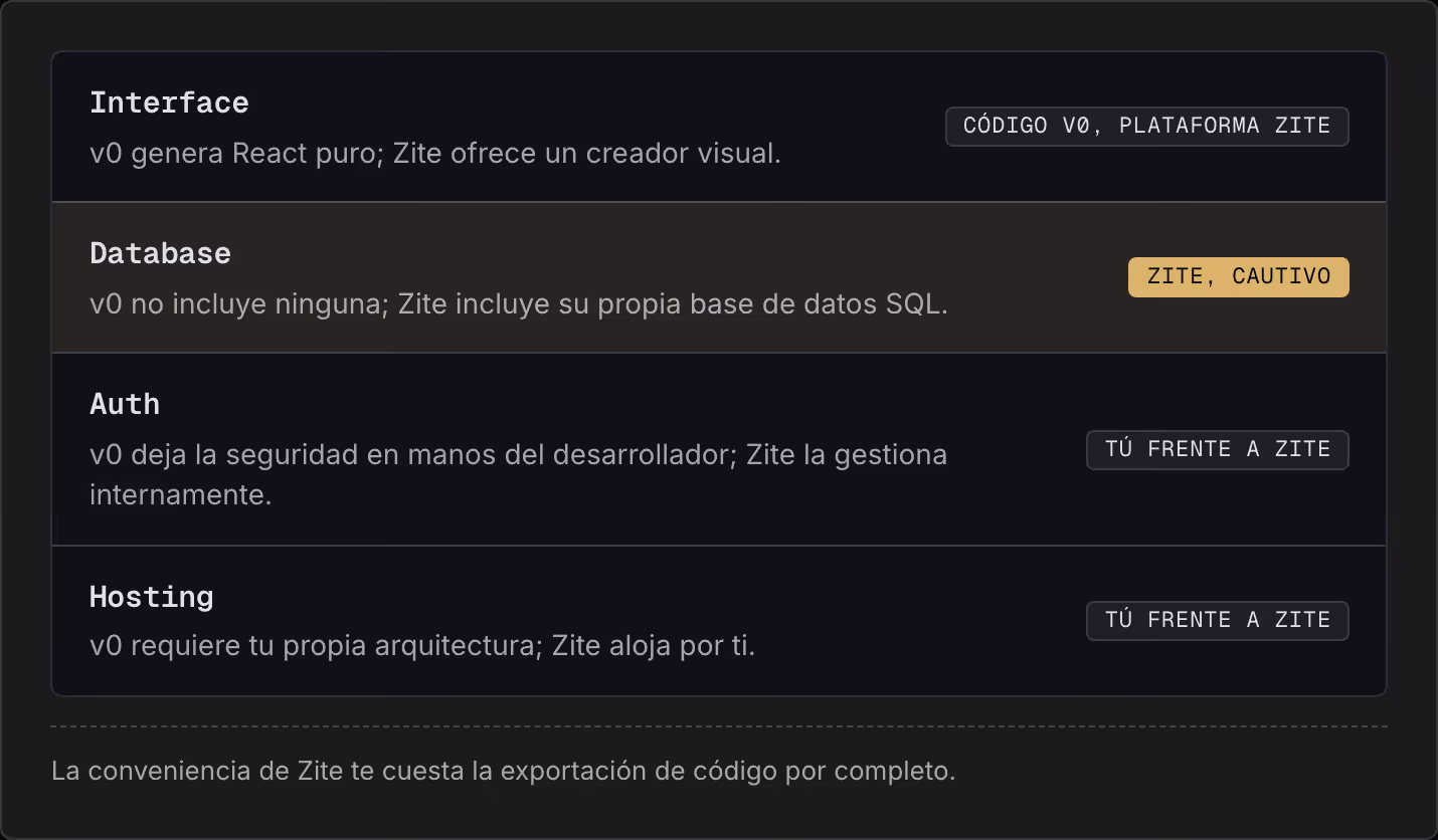 Interface v0 genera React puro; Zite ofrece un creador visual. Código v0, plataforma Zite Database v0 no incluye ninguna; Zite incluye su propia base de datos SQL. Zite, cautivo Auth v0 deja la seguridad en manos del desarrollador; Zite la gestiona…