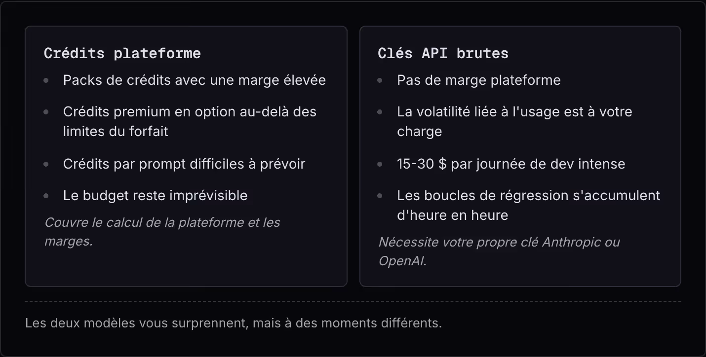 Crédits plateforme Packs de crédits avec une marge élevée Crédits premium en option au-delà des limites du forfait Crédits par prompt difficiles à prévoir Le budget reste imprévisible Couvre le calcul de la plateforme et les marges. Clés API brutes…