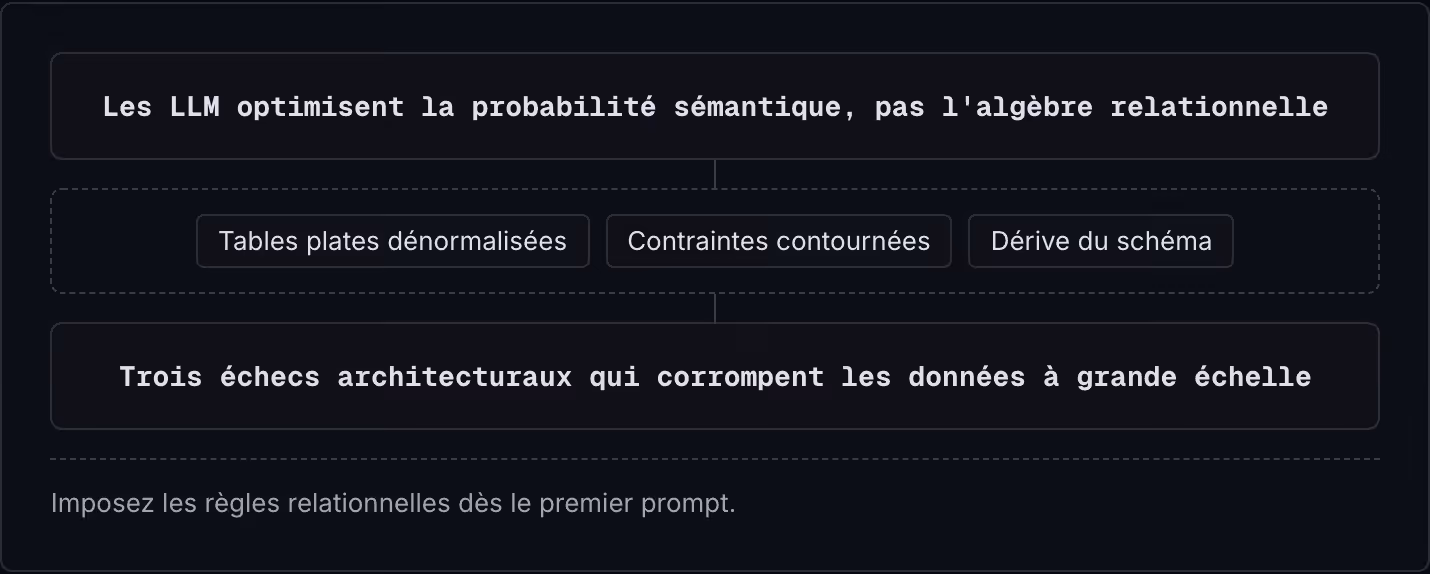 Les LLM optimisent la probabilité sémantique, pas l'algèbre relationnelle Tables plates dénormalisées Contraintes contournées Dérive du schéma Trois échecs architecturaux qui corrompent les données à grande échelle Imposez les règles relationnelles…