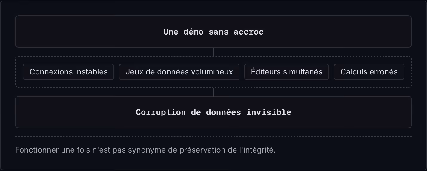 Une démo sans accroc Connexions instables Jeux de données volumineux Éditeurs simultanés Calculs erronés Corruption de données invisible Fonctionner une fois n'est pas synonyme de préservation de l'intégrité.
