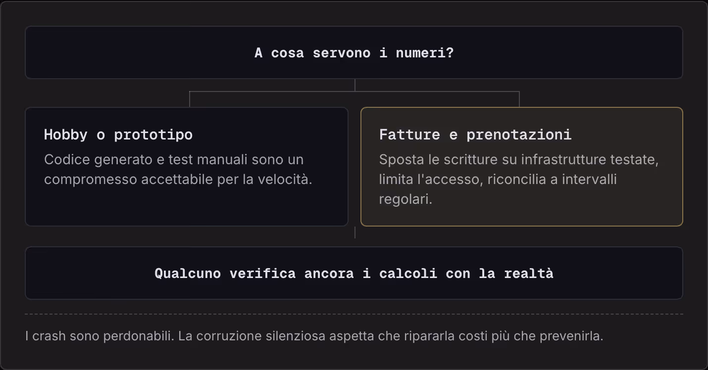A cosa servono i numeri? Hobby o prototipo Codice generato e test manuali sono un compromesso accettabile per la velocità. Fatture e prenotazioni Sposta le scritture su infrastrutture testate, limita l'accesso, riconcilia a intervalli regolari.…