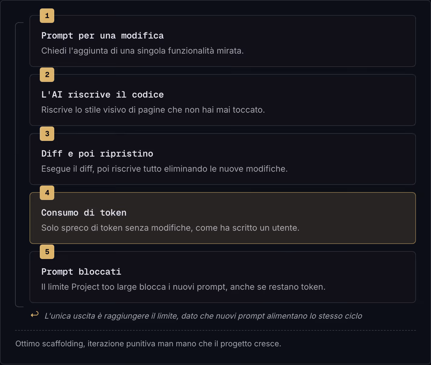 1 Prompt per una modifica Chiedi l'aggiunta di una singola funzionalità mirata. 2 L'AI riscrive il codice Riscrive lo stile visivo di pagine che non hai mai toccato. 3 Diff e poi ripristino Esegue il diff, poi riscrive tutto eliminando le nuove…