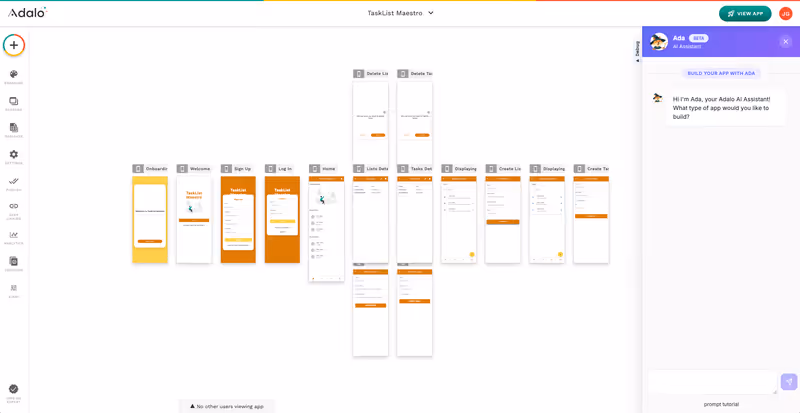 Ada AI (beta) assistant in the Adalo builder (per docs page)