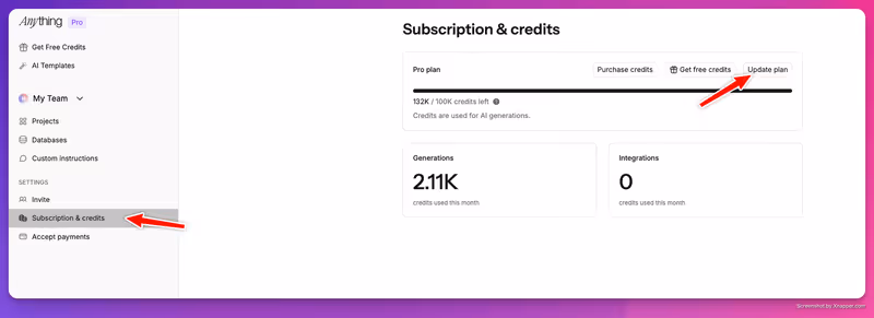 Update Plan screen in the dashboard