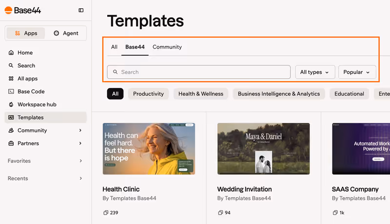 Templates page with tabs, search and filters