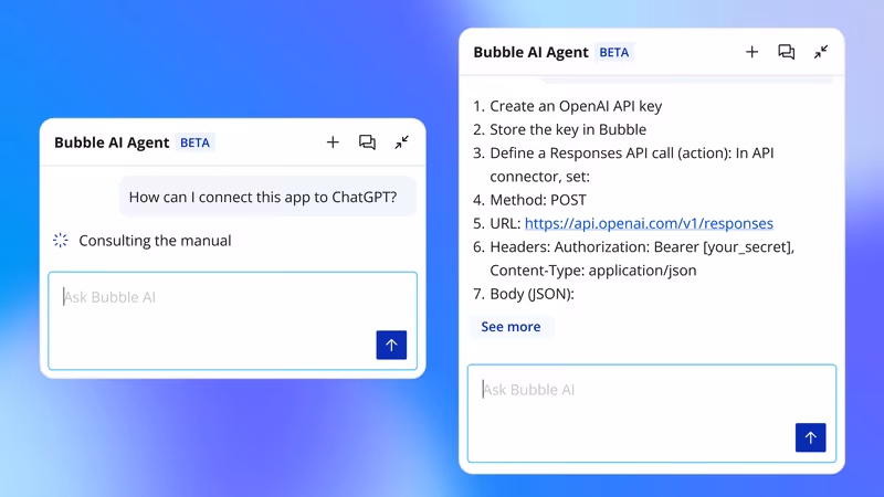 Bubble AI Agent chat panel walking through connecting an OpenAI API in the editor
