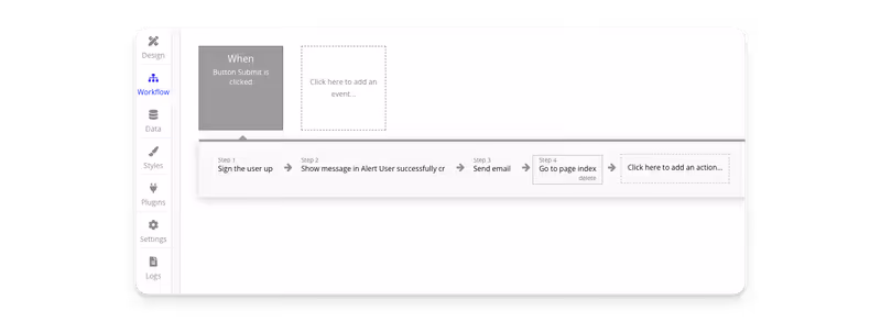 Workflow tab of the Bubble editor