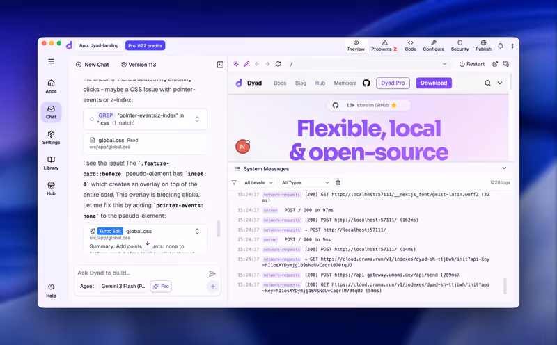 Dyad agent mode chat next to the live app preview