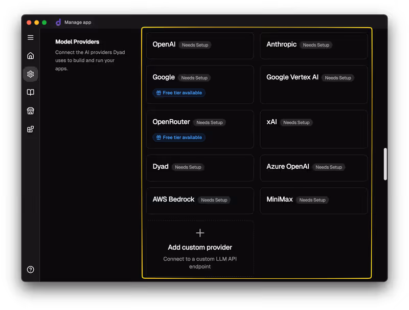 Dyad model provider settings with API key models listed