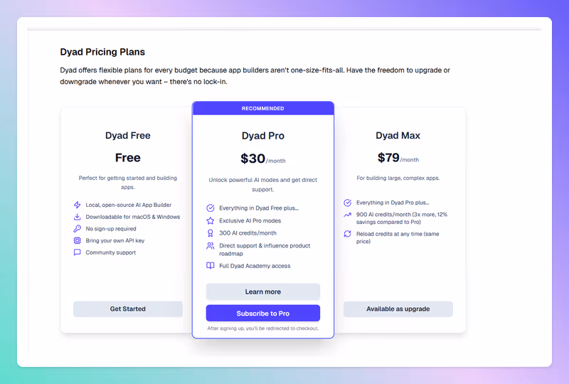 Dyad pricing page as of 2025