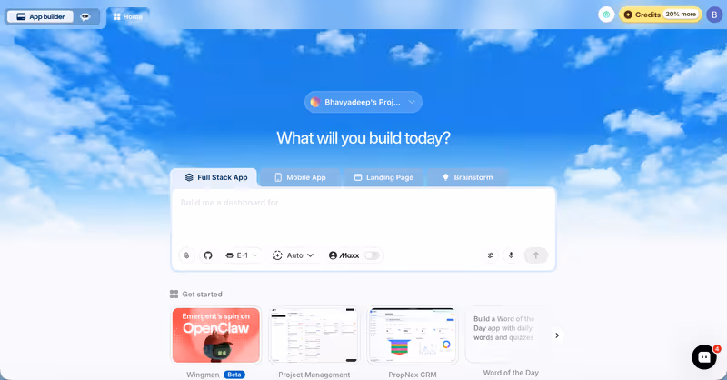 Emergent home screen with the prompt box and app types