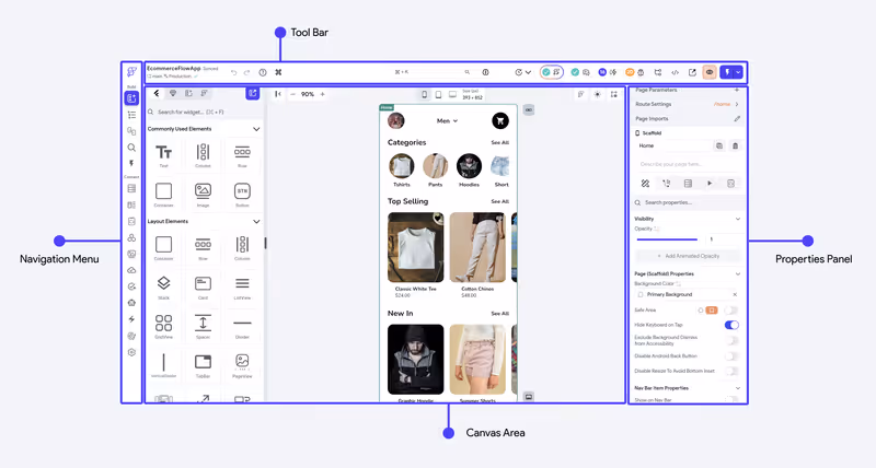 FlutterFlow App Builder with navigation menu