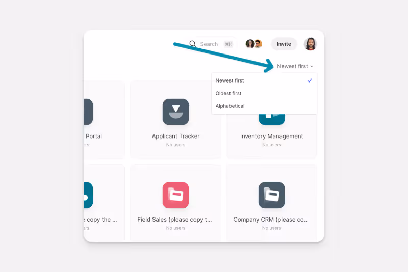 Glide dashboard listing apps