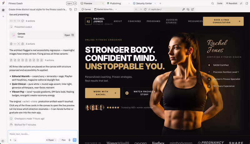 Preview of a generated landing page inside Replit