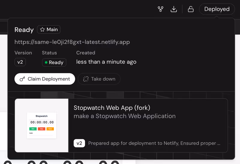 Deploy dialog for publishing an app