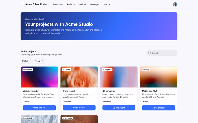 Client portal app built with Softr: project cards with status, filters and search