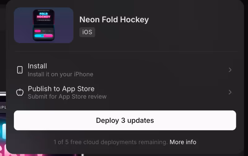 Publish menu for an iOS project (install on iPhone, publish to App Store)