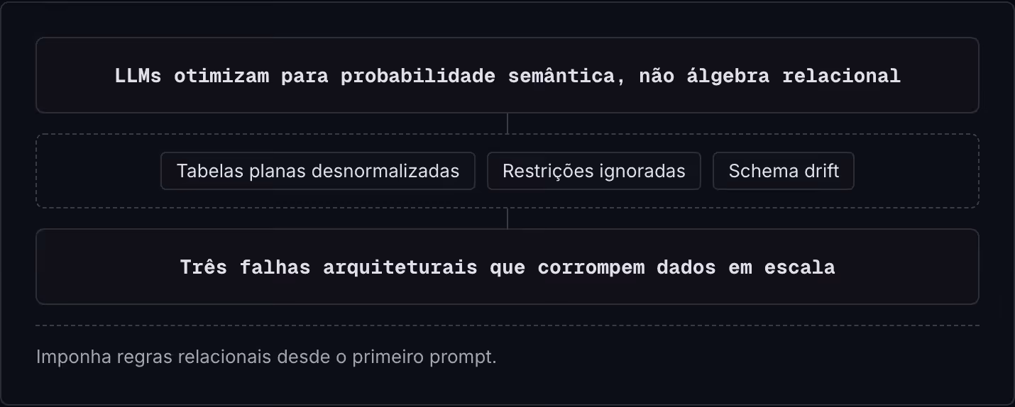 LLMs otimizam para probabilidade semântica, não álgebra relacional Tabelas planas desnormalizadas Restrições ignoradas Schema drift Três falhas arquiteturais que corrompem dados em escala Imponha regras relacionais desde o primeiro prompt.