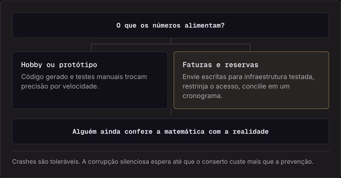 O que os números alimentam? Hobby ou protótipo Código gerado e testes manuais trocam precisão por velocidade. Faturas e reservas Envie escritas para infraestrutura testada, restrinja o acesso, concilie em um cronograma. Alguém ainda confere a…